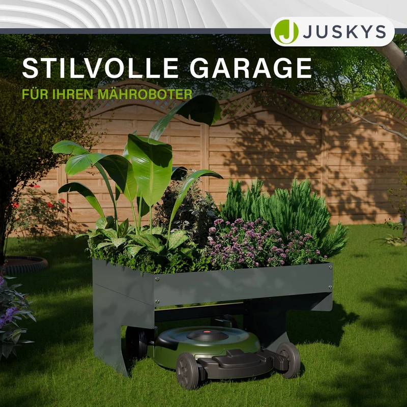 Garage pour tondeuse à gazon robotisée avec jardinière