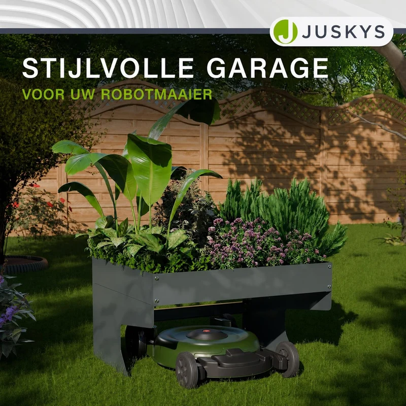 Garage pour tondeuse à gazon robotisée avec jardinière