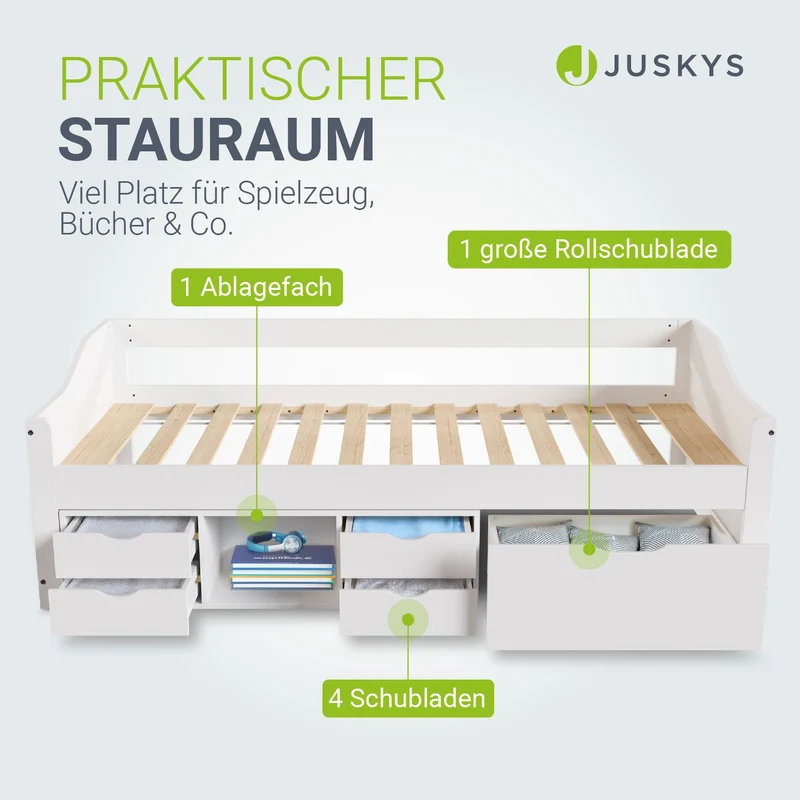 Lit fonctionnel Nalu 90 x 200 cm – rangement, blanc