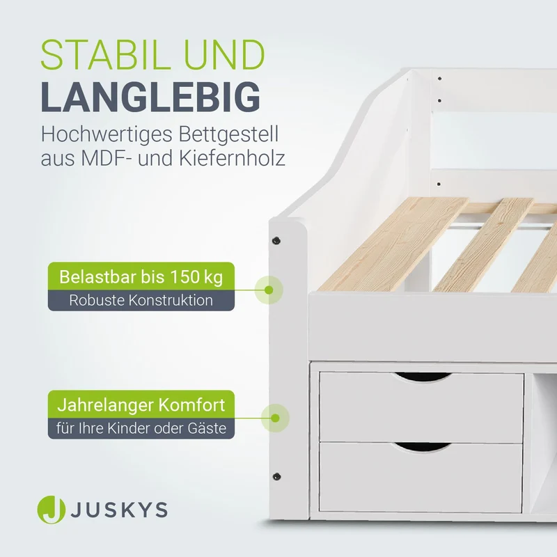Lit fonctionnel Nalu 90 x 200 cm – rangement, blanc