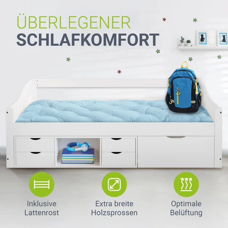 Lit fonctionnel Nalu 90 x 200 cm – rangement, blanc