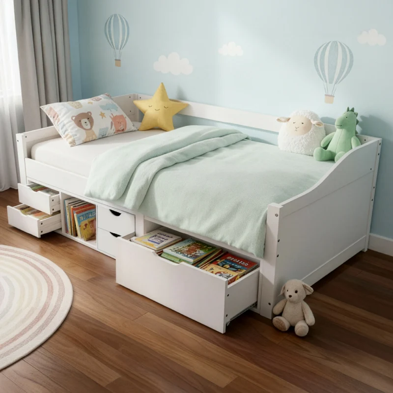 Lit fonctionnel Nalu 90 x 200 cm – rangement, blanc