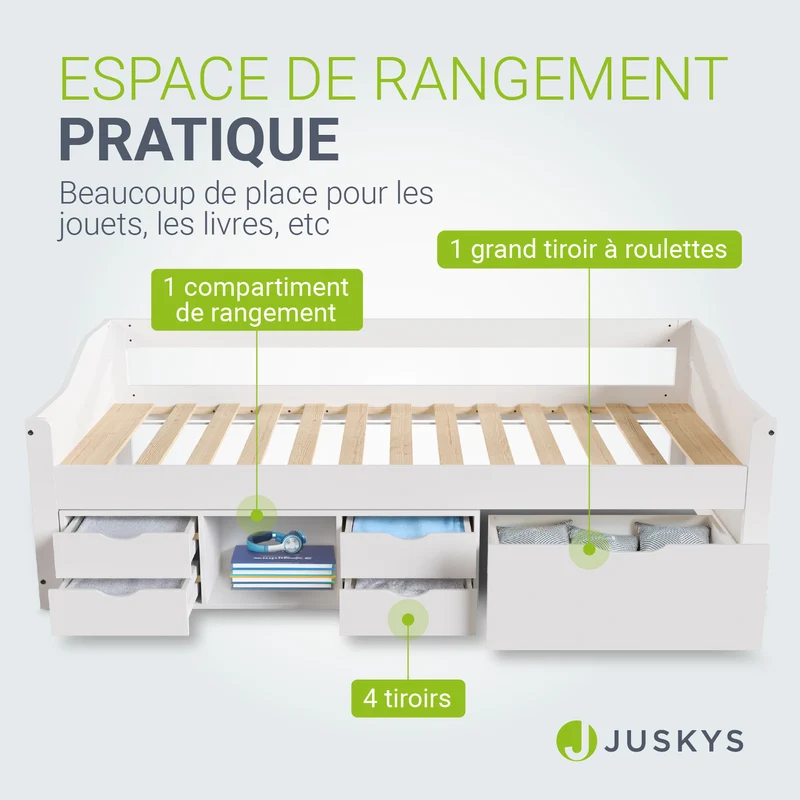 Lit fonctionnel Nalu 90 x 200 cm – rangement, blanc