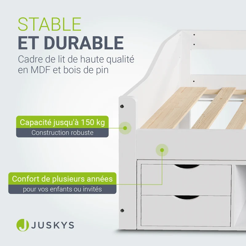 Lit fonctionnel Nalu 90 x 200 cm – rangement, blanc
