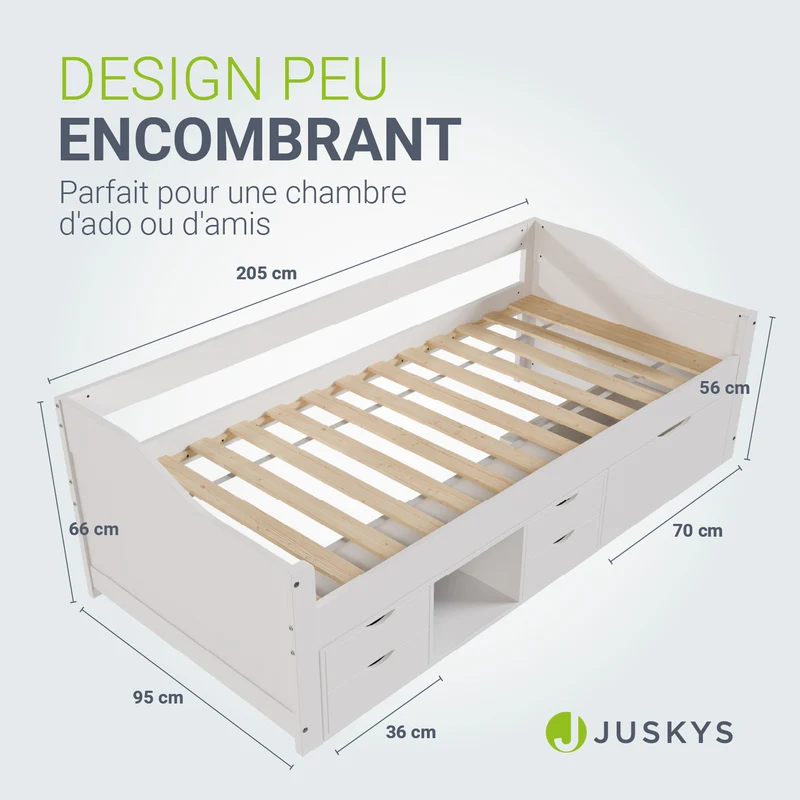 Lit fonctionnel Nalu 90 x 200 cm – rangement, blanc