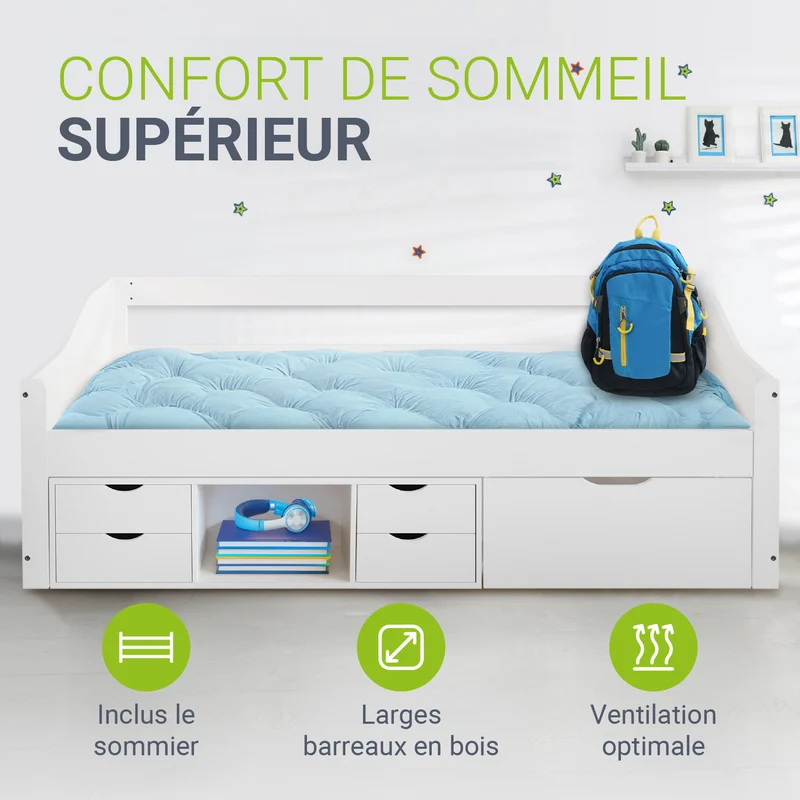 Lit fonctionnel Nalu 90 x 200 cm – rangement, blanc
