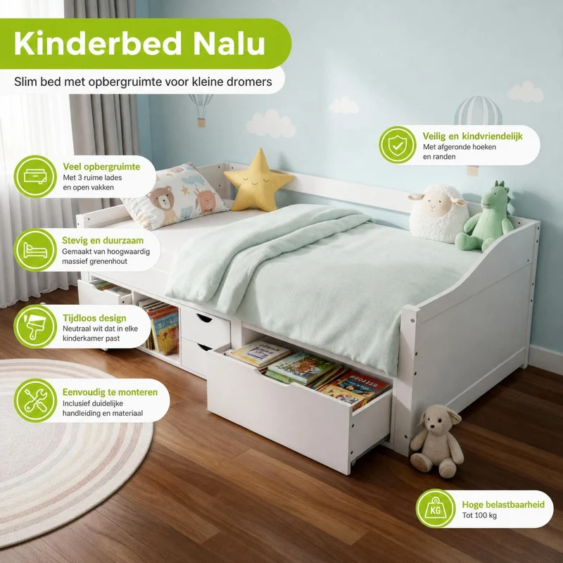 Lit fonctionnel Nalu 90 x 200 cm – rangement, blanc