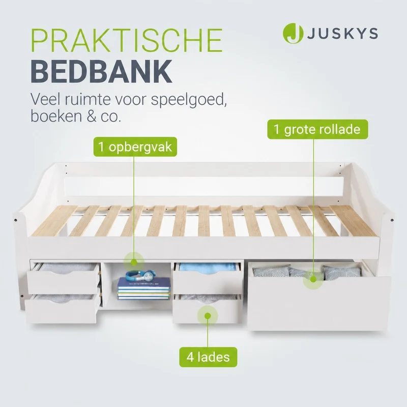Lit fonctionnel Nalu 90 x 200 cm – rangement, blanc