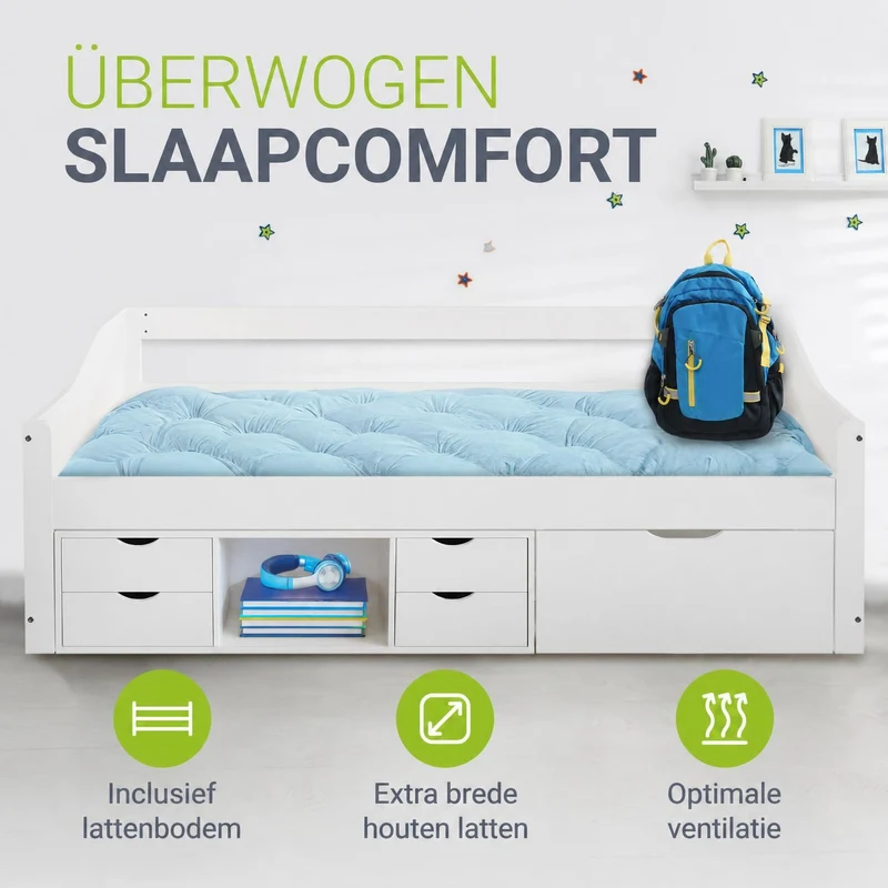 Lit fonctionnel Nalu 90 x 200 cm – rangement, blanc