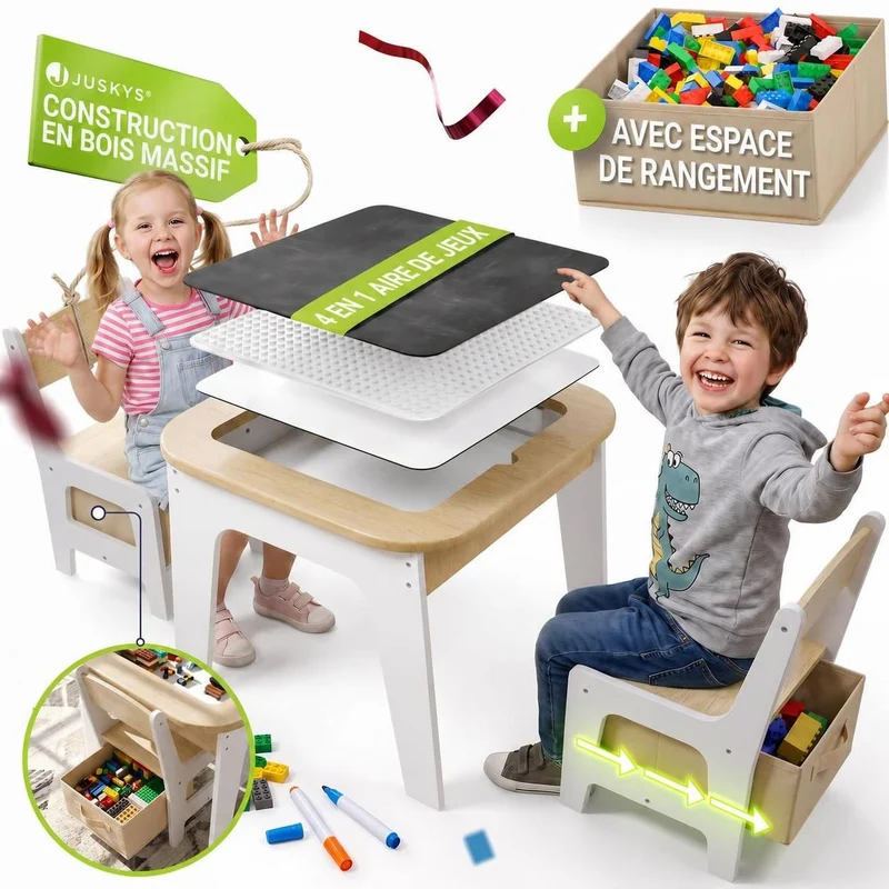 Table et chaises enfant Milou – 2 chaises et rangement