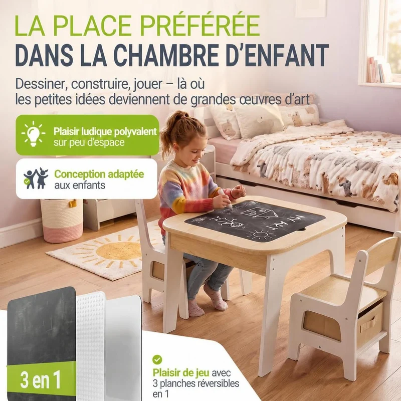 Table et chaises enfant Milou – 2 chaises et rangement