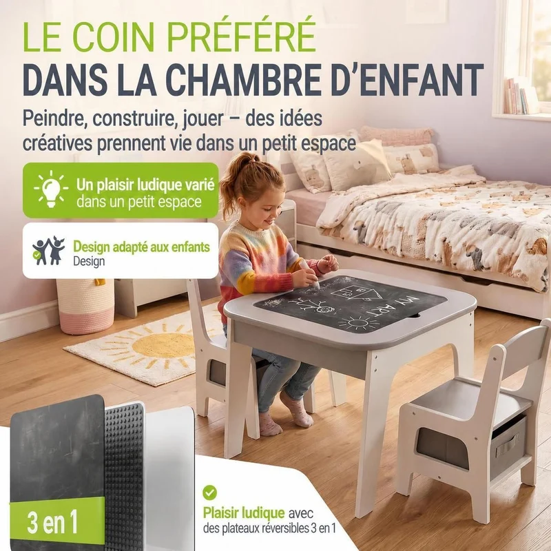 Table et chaises enfant Milou – 2 chaises et rangement