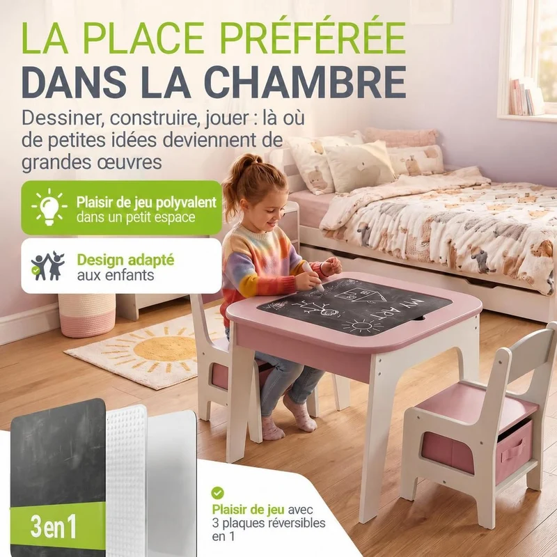 Table et chaises enfant Milou – 2 chaises et rangement