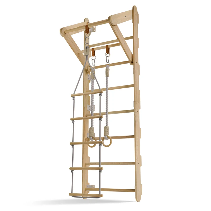Espalier enfant en bois – échelle, anneaux et barre