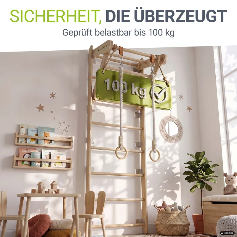 Espalier enfant en bois – échelle, anneaux et barre