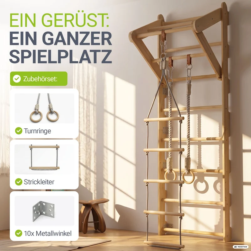 Espalier enfant en bois – échelle, anneaux et barre