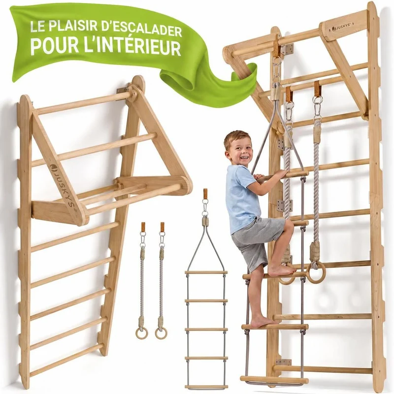 Espalier enfant en bois – échelle, anneaux et barre