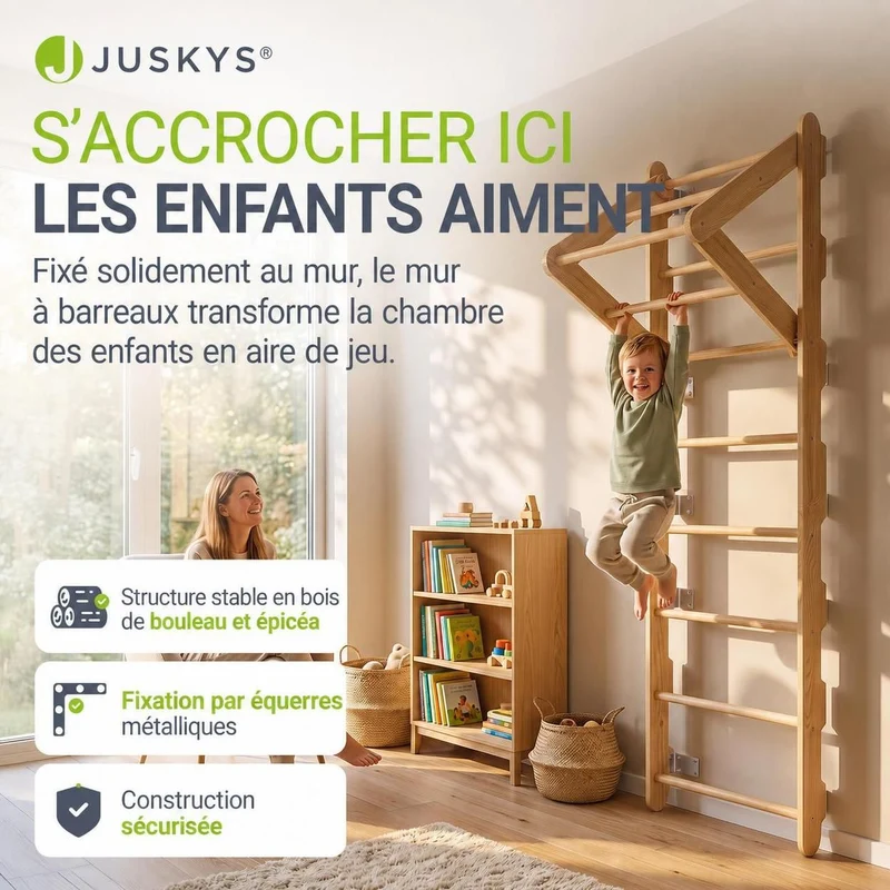 Espalier enfant en bois – échelle, anneaux et barre