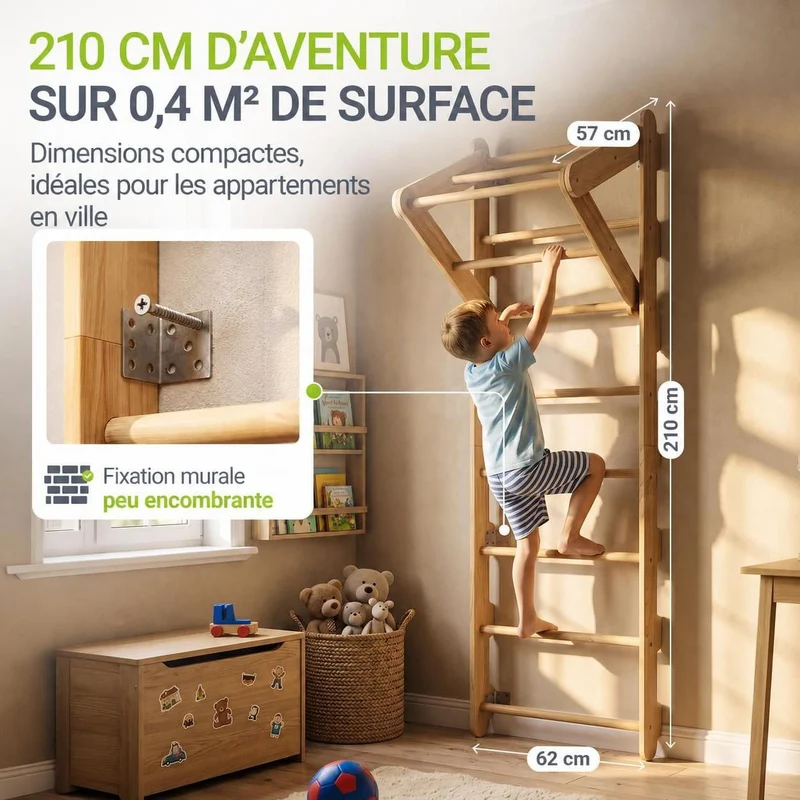 Espalier enfant en bois – échelle, anneaux et barre
