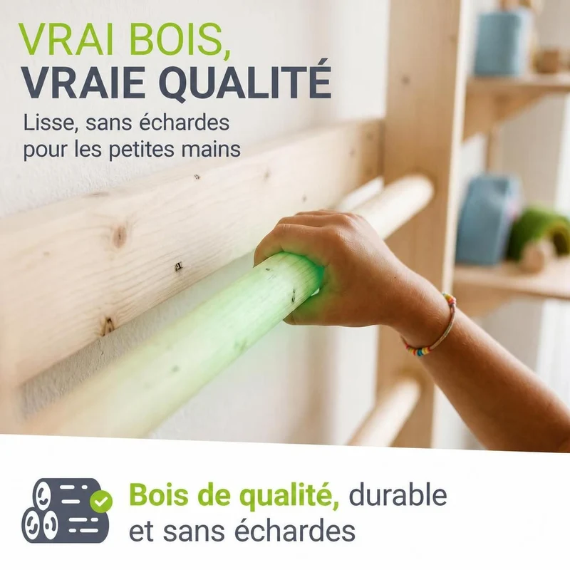 Espalier enfant en bois – échelle, anneaux et barre