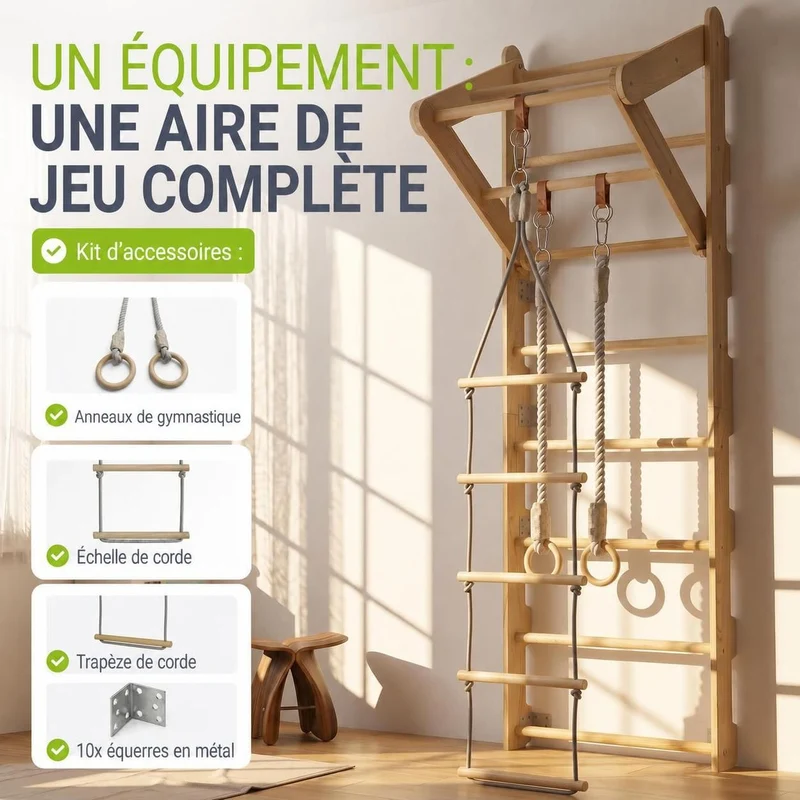 Espalier enfant en bois – échelle, anneaux et barre