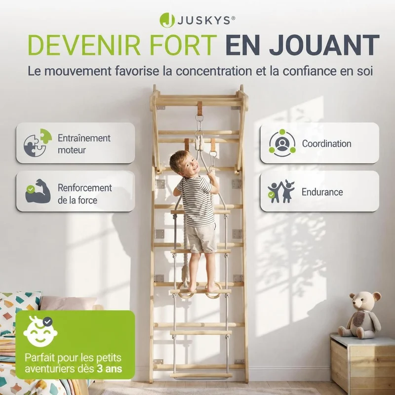 Espalier enfant en bois – échelle, anneaux et barre