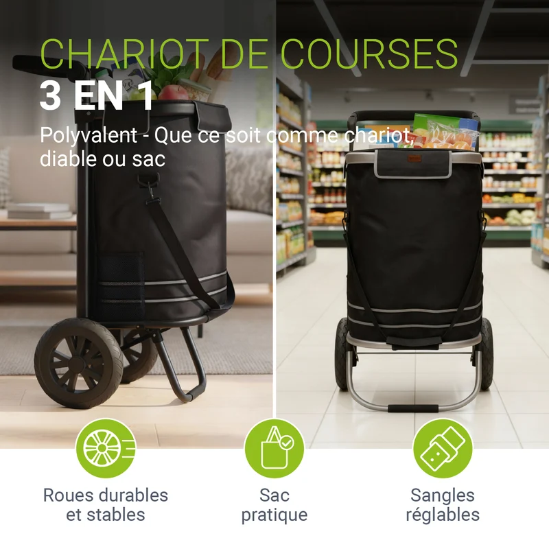 Chariot de courses 3 en 1 pliable – 56 L