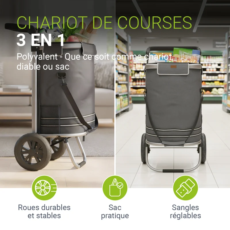 Chariot de courses 3 en 1 pliable – 56 L