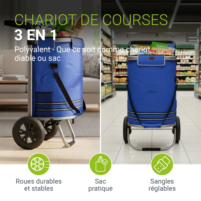 Chariot de courses 3 en 1 pliable – 56 L