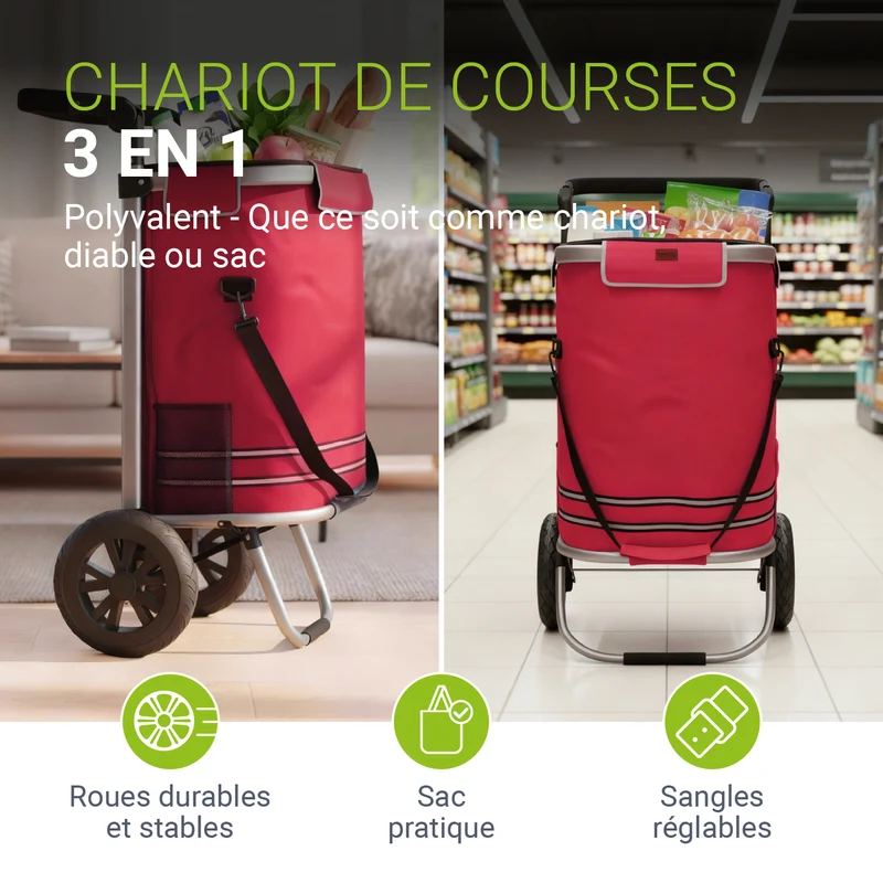 Chariot de courses 3 en 1 pliable – 56 L