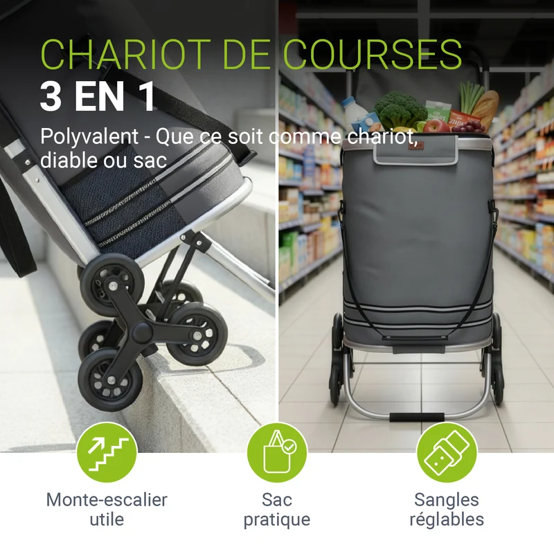 Chariot de courses monte-escalier – pliable