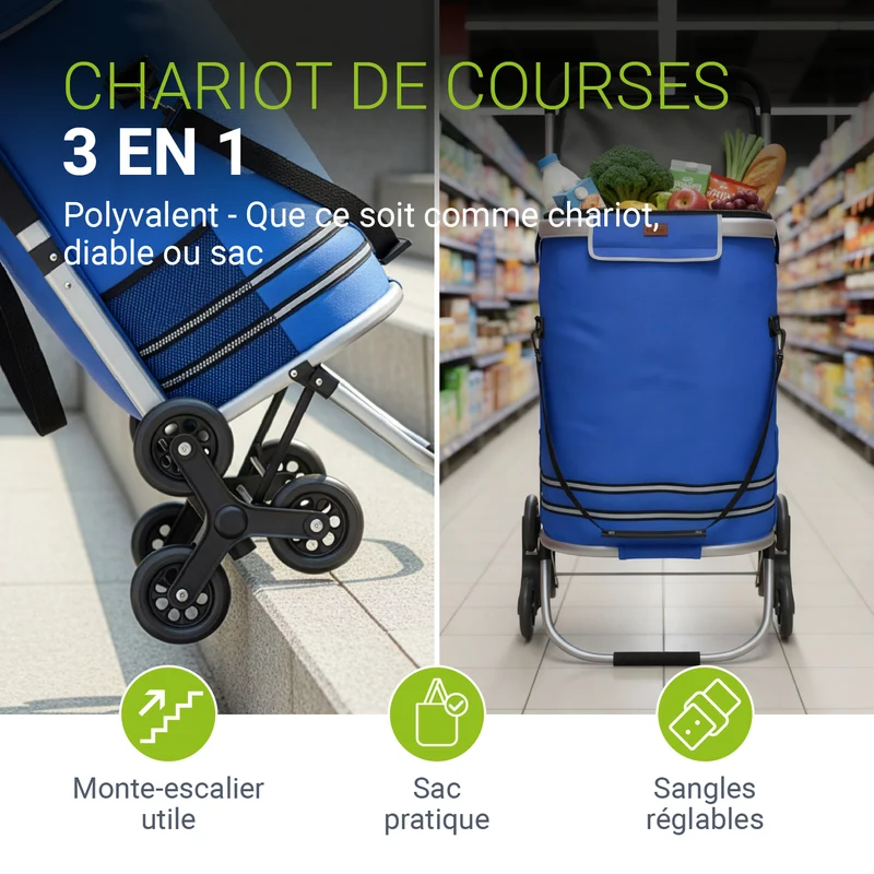 Chariot de courses monte-escalier – pliable