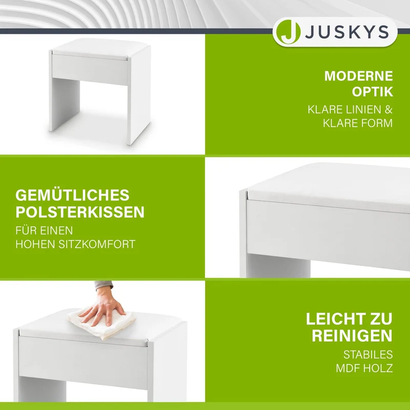 Tabouret de coiffeuse Melly – avec coussin d'assise – blanc