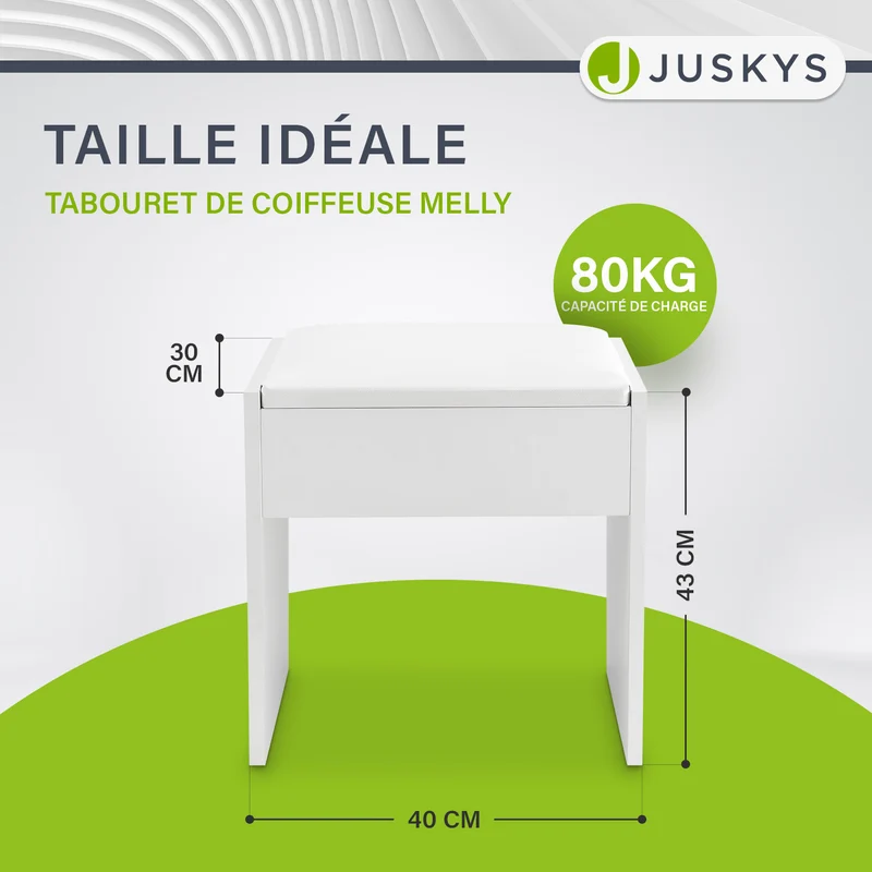 Tabouret de coiffeuse Melly – avec coussin d'assise – blanc