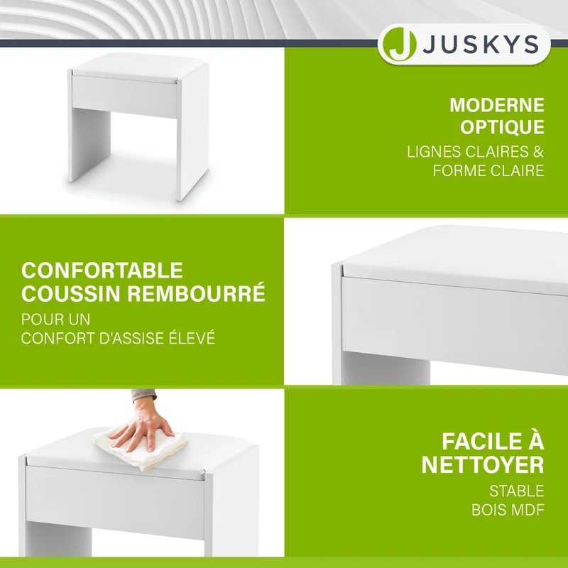 Tabouret de coiffeuse Melly – avec coussin d'assise – blanc