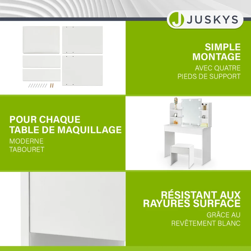 Tabouret de coiffeuse Melly – avec coussin d'assise – blanc