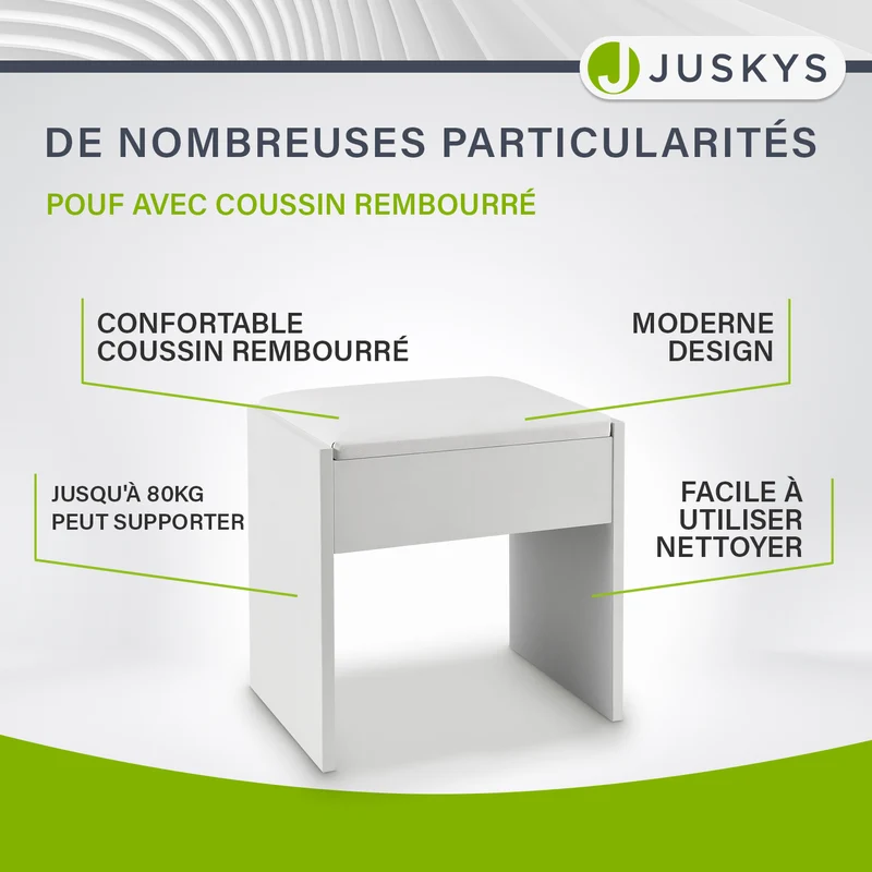 Tabouret de coiffeuse Melly – avec coussin d'assise – blanc