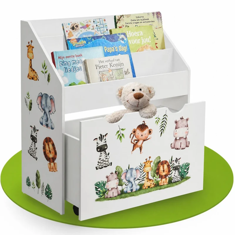 Bibliothèque pour enfants avec 3 compartiments et coffre à jouets coulissant