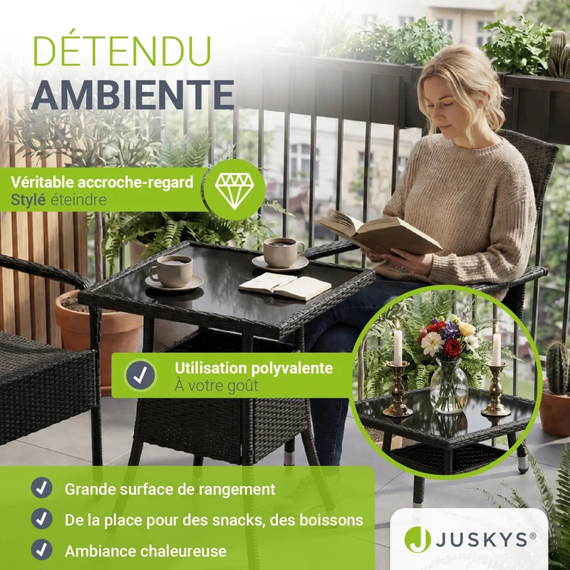 Table de jardin carrée en résine tressée Yoro – noir