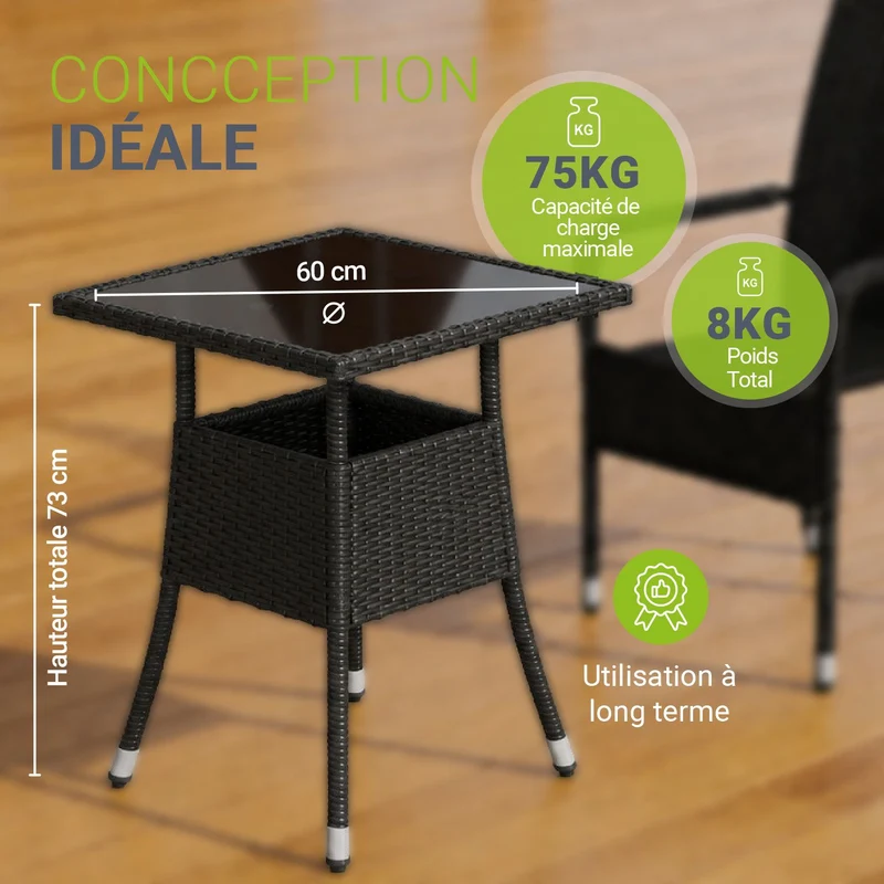 Table de jardin carrée en résine tressée Yoro – noir
