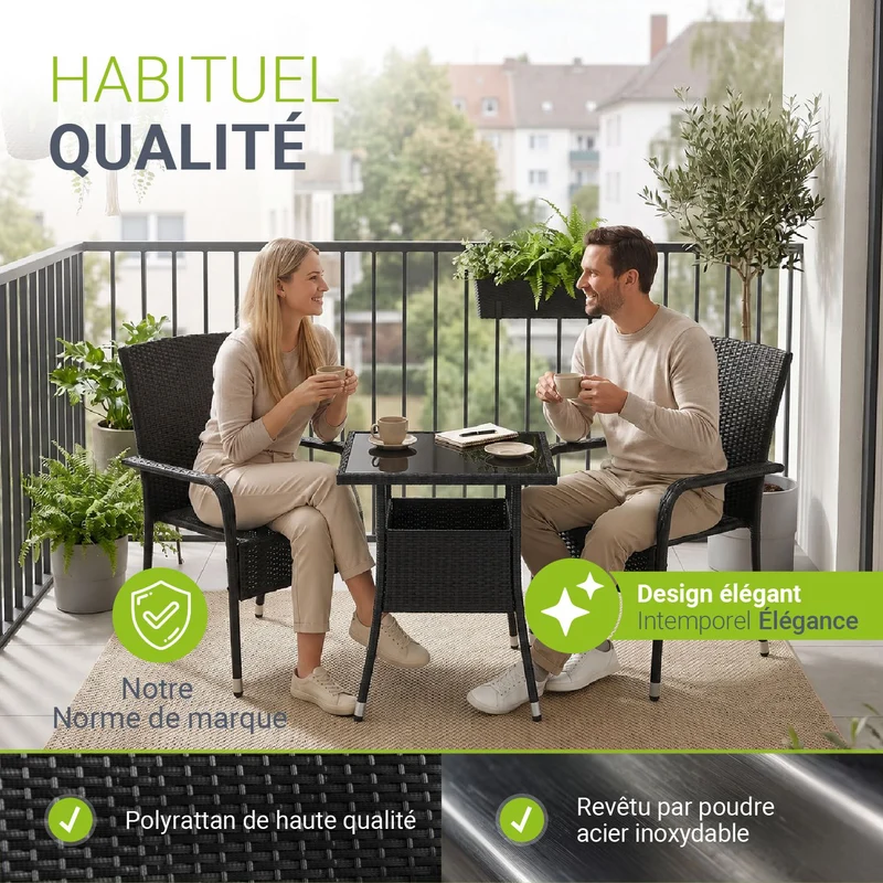 Table de jardin carrée en résine tressée Yoro – noir