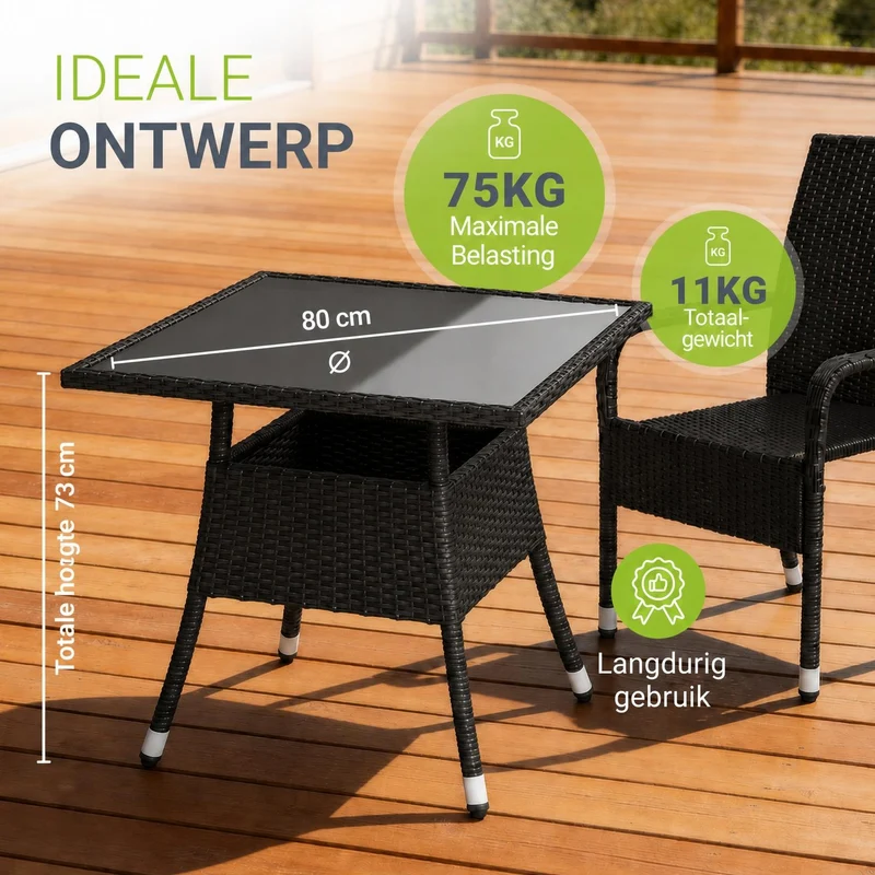 Table de jardin carrée en résine tressée Yoro – noir