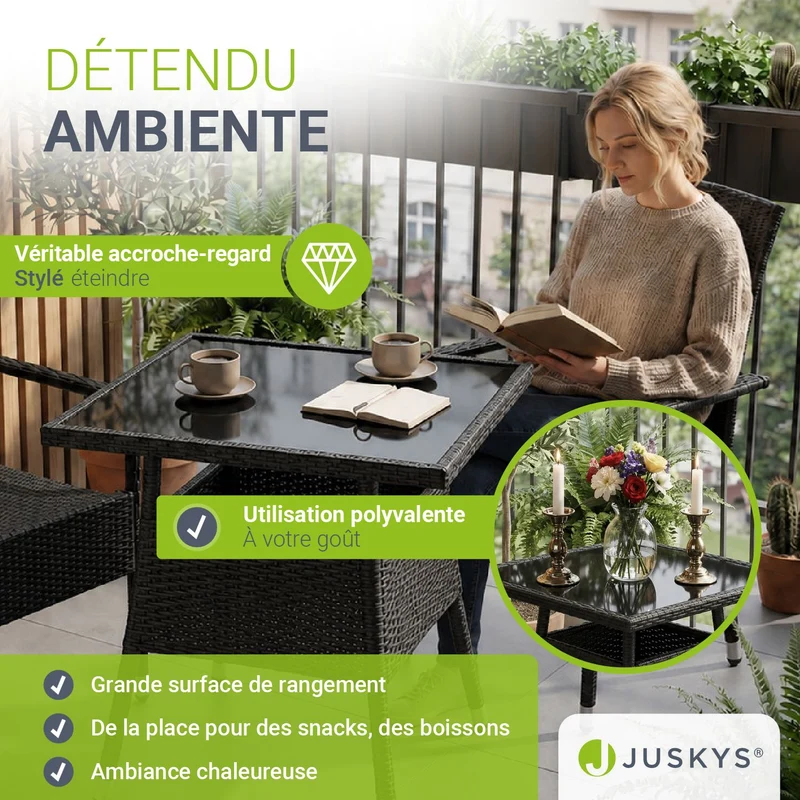 Table de jardin carrée en résine tressée Yoro – noir