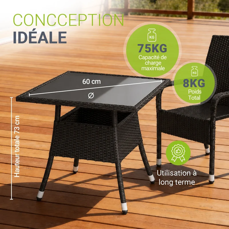 Table de jardin carrée en résine tressée Yoro – noir