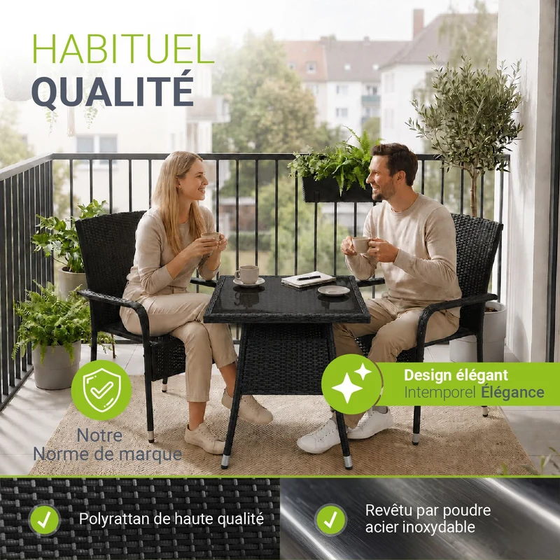 Table de jardin carrée en résine tressée Yoro – noir
