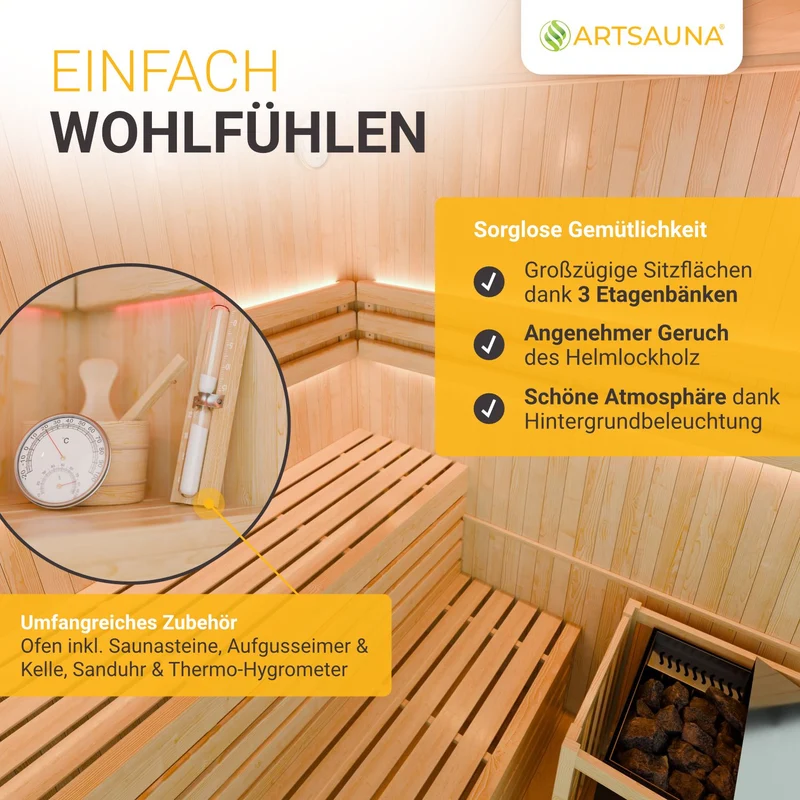 Sauna intérieur Espoo 150 Premium – 3 places, poêle Harvia 6 kW