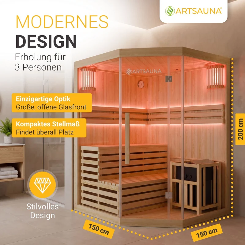 Sauna intérieur Espoo 150 Premium – 3 places, poêle Harvia 6 kW