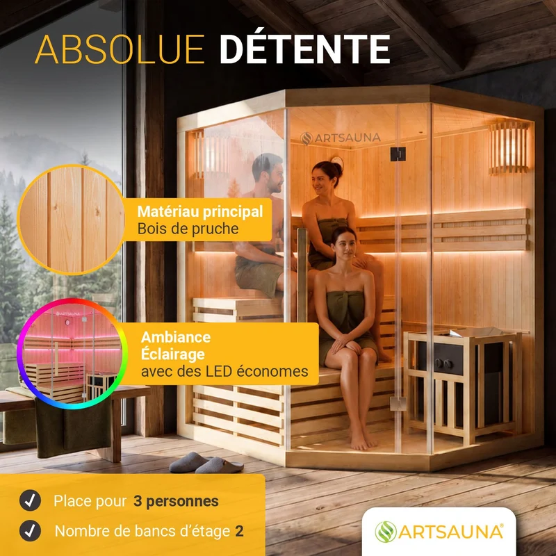 Sauna intérieur Espoo 150 Premium – 3 places, poêle Harvia 6 kW