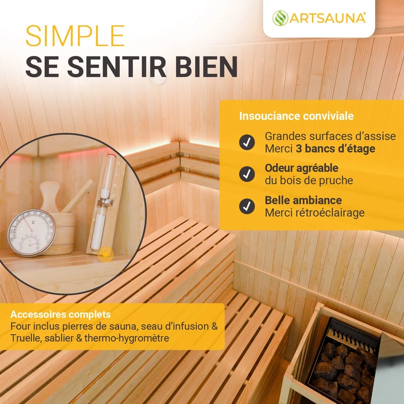 Sauna intérieur Espoo 150 Premium – 3 places, poêle Harvia 6 kW