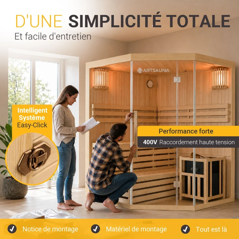 Sauna intérieur Espoo 150 Premium – 3 places, poêle Harvia 6 kW